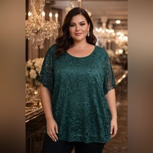 Calvin Klein NWT 3X Green Lace Blouse Short Sleeve Floral Lace Top Plus Size